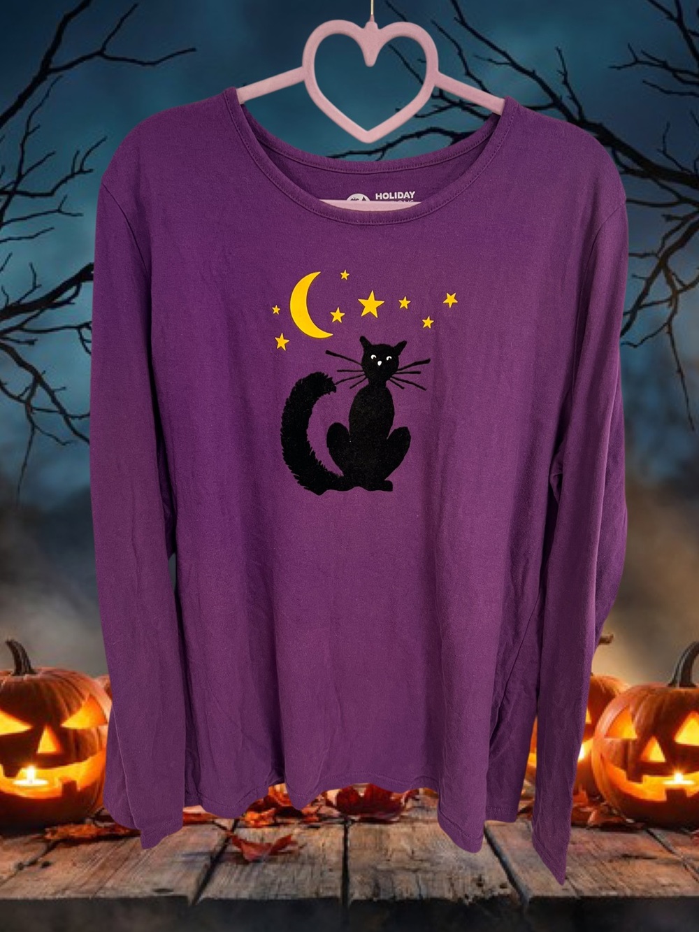 Vintage Holiday Editions flocked black cat purple Halloween shirt